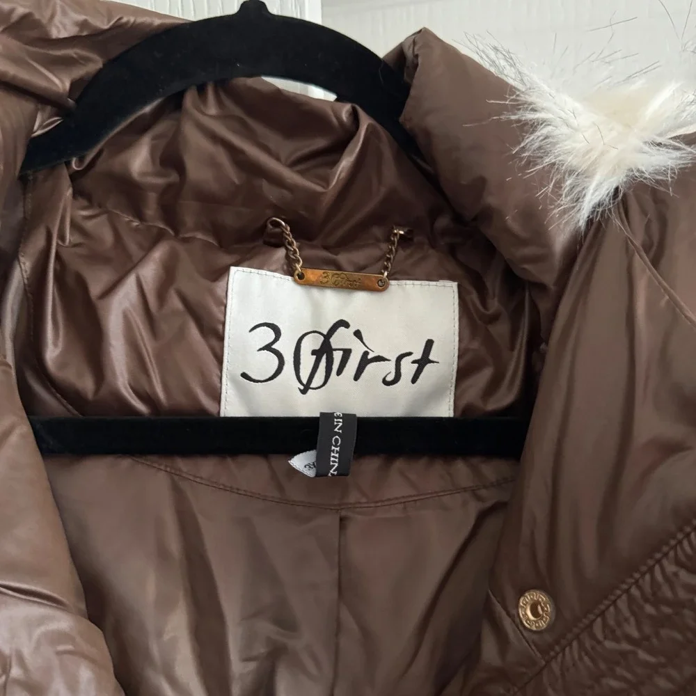 30 First Brown Puffer Parka Faux Fur Hood Cinched Waist Winter Coat Womens 3XL